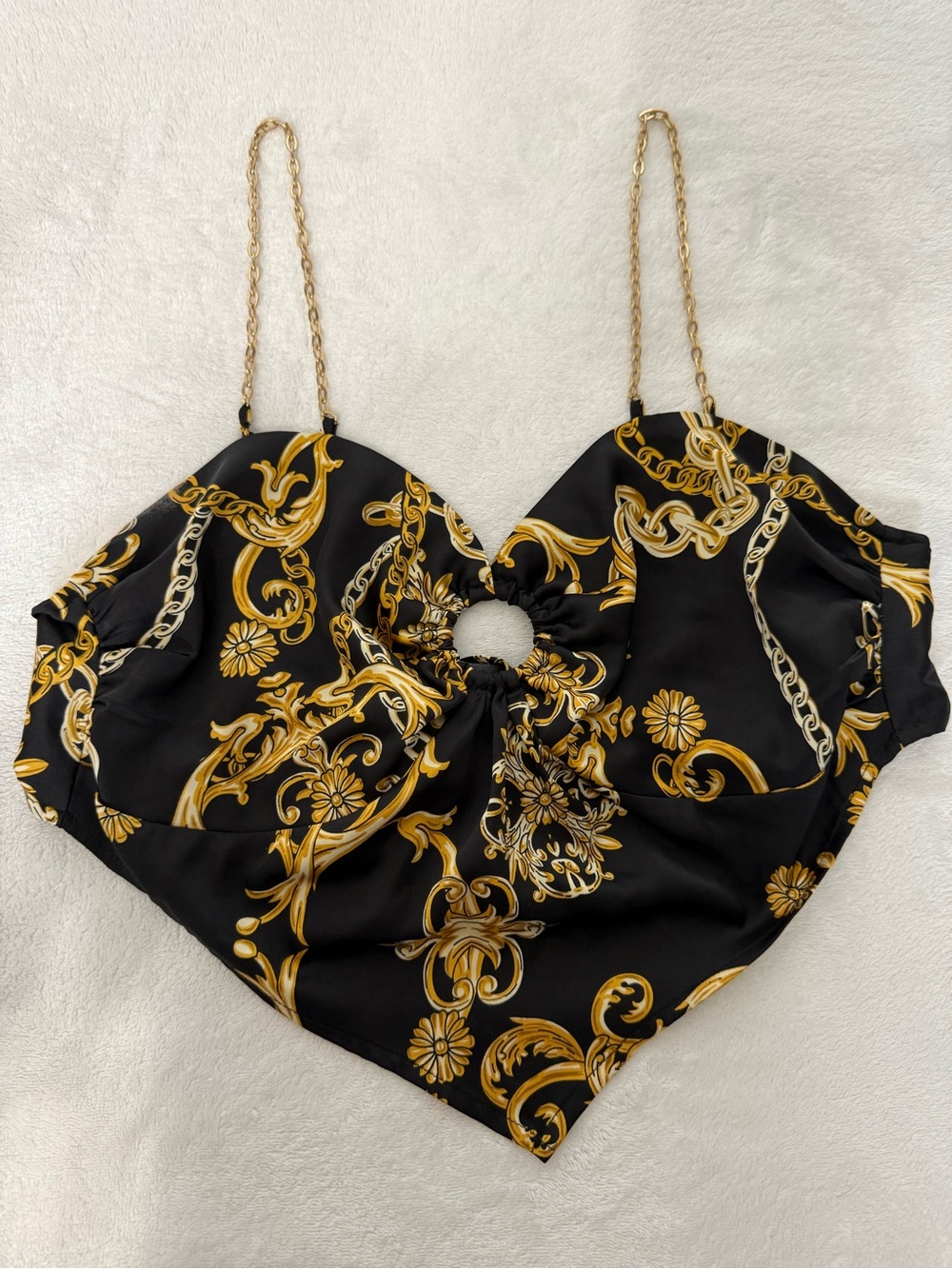 Gold Chain-Print Black Halter Top with Ring Detail